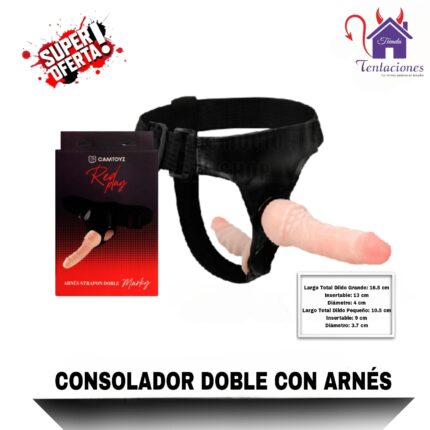 Esta imagen describe las Medidas y características del Consolador doble con arnés