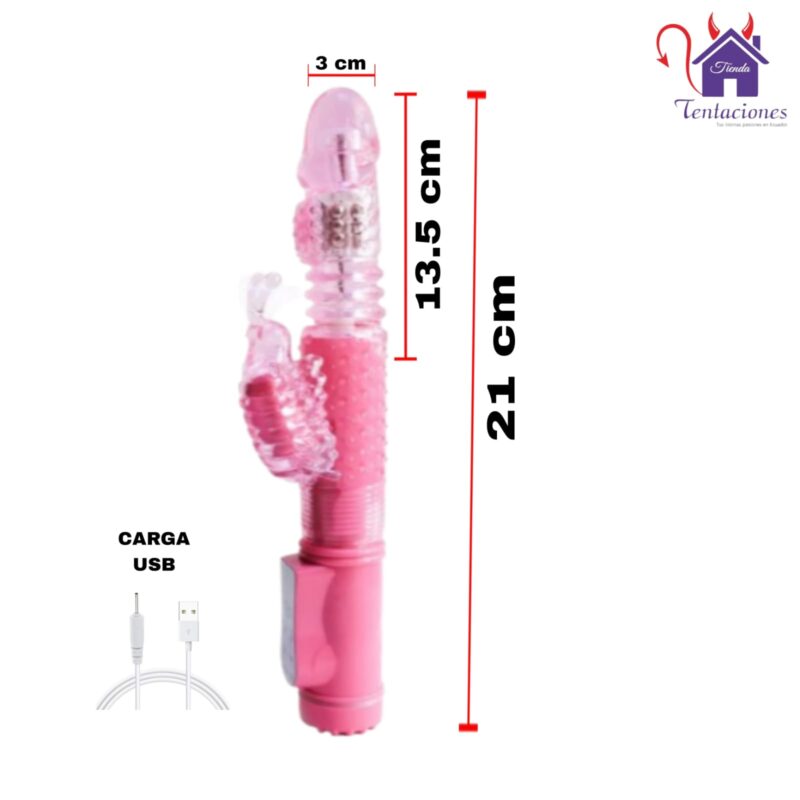 Esta imagen describe las Medidas y Características del Vibrador Jack Butterfly Recargable