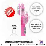 Esta imagen describe las Medidas y Presentación del Vibrador Jack Butterfly Recargable