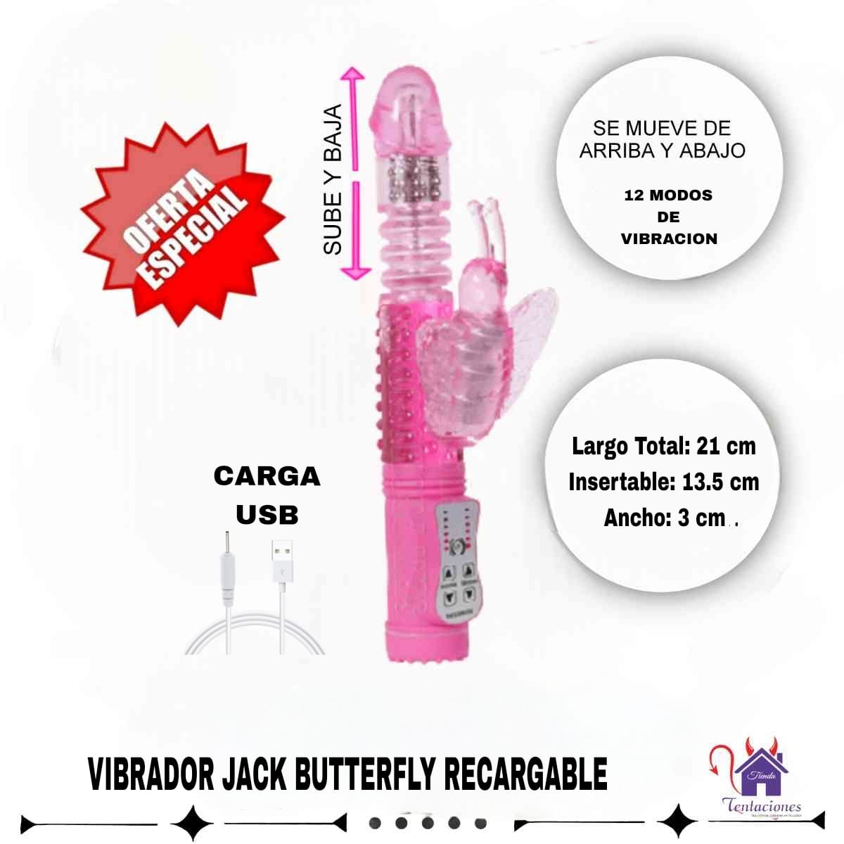 Vibrador Jack Butterfly Recargable-Medidas y Presentacion Esta imagen describe las Medidas y Presentación del Vibrador Jack Butterfly Recargable