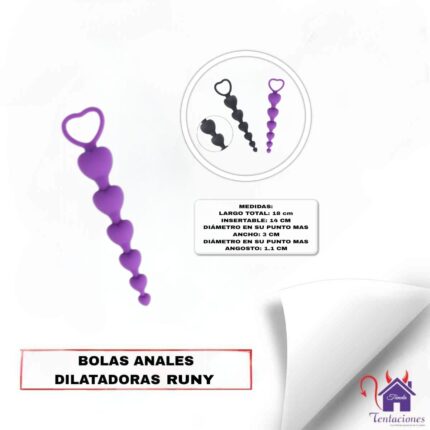 Esta imagen describe la Forma de Uso y Medidas de las Bolas Vaginales Runy