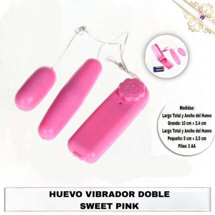 Esta imagen describe las Medidas y Contenido del Huevo Vibrador Doble Sweet Pink