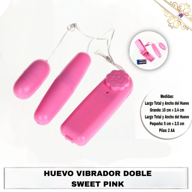 Esta imagen describe las Medidas y Contenido del Huevo Vibrador Doble Sweet Pink