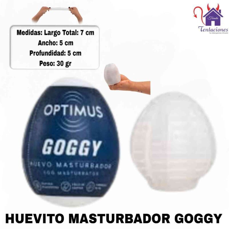 La imagen describe las medidas y características del masturbador huevo Goggy