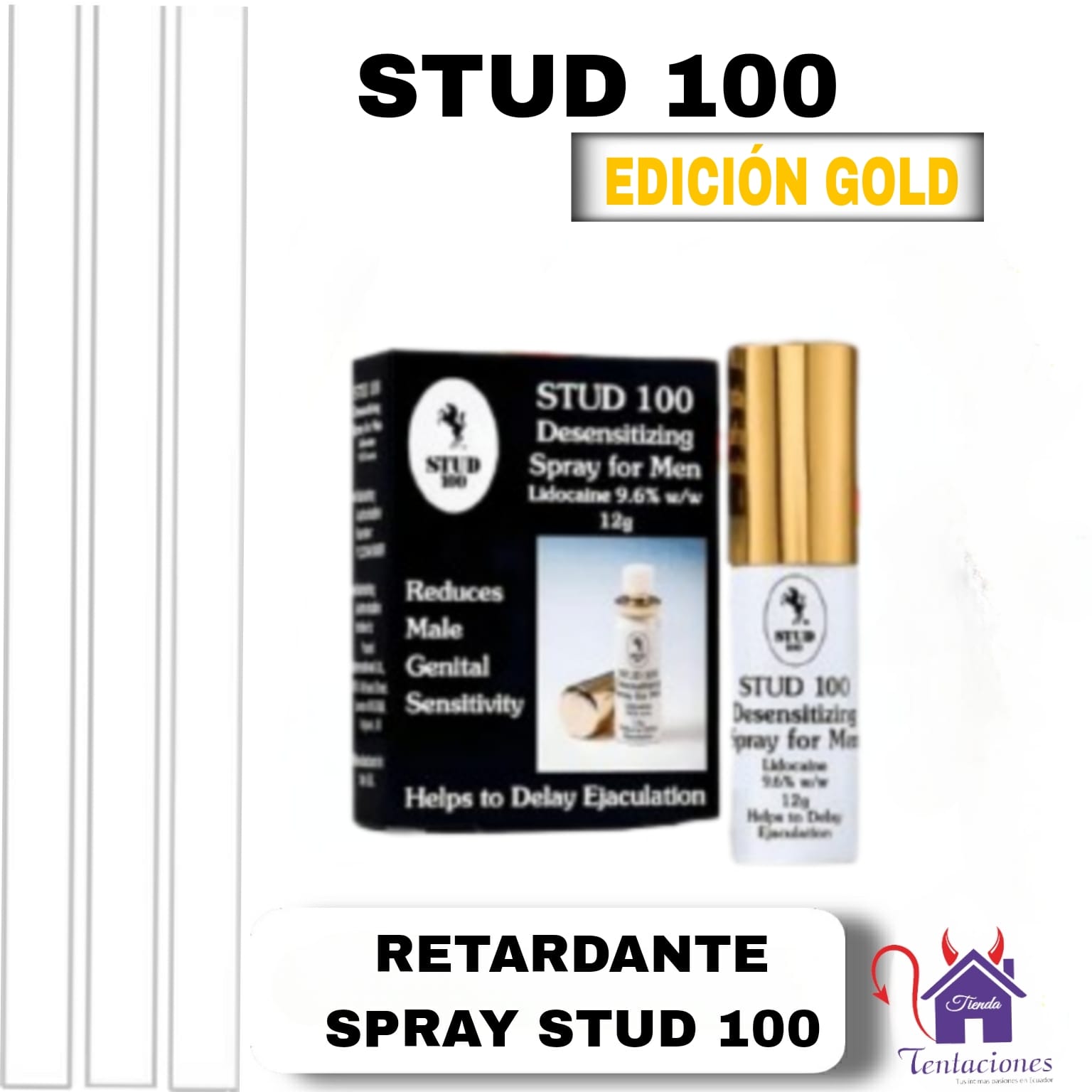 Stud 100 Edicion Gold-Presentacion y Caracteristicas Esta imagen describe la Presentación y Características del Stud 100 Edición Gold
