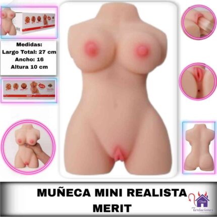 La imagen describe las medidas de una Muñeca Mini Realista Merit