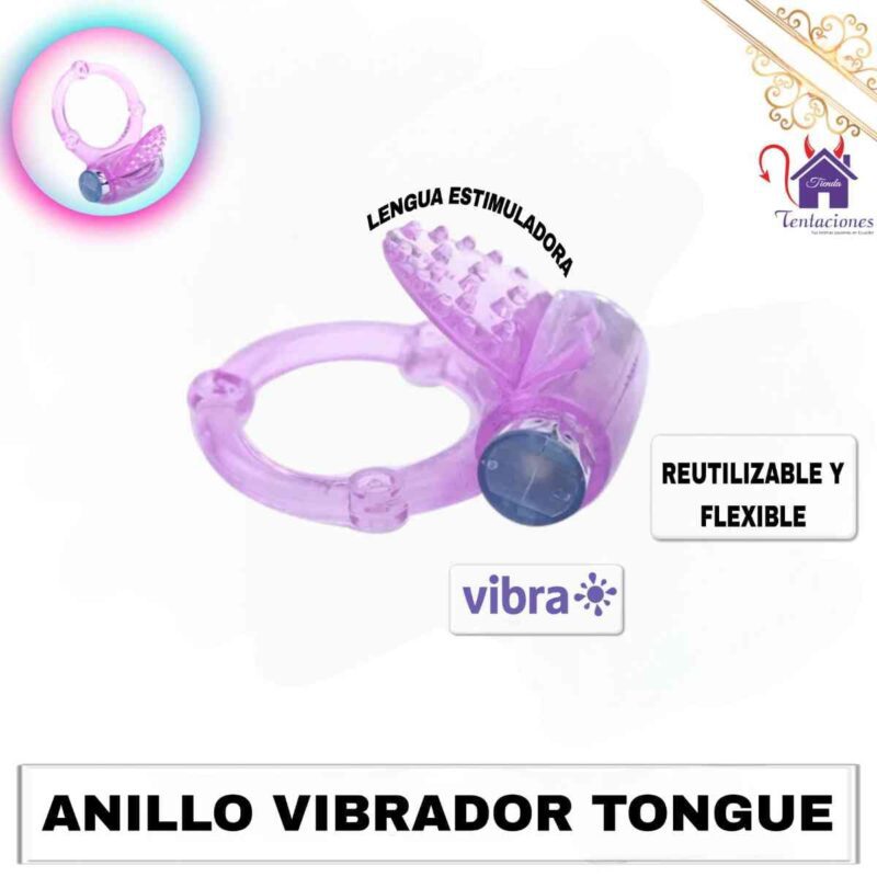 La imagen describe la Forma de Uso y Características del Anillo Vibrador Tongue-Lengua
