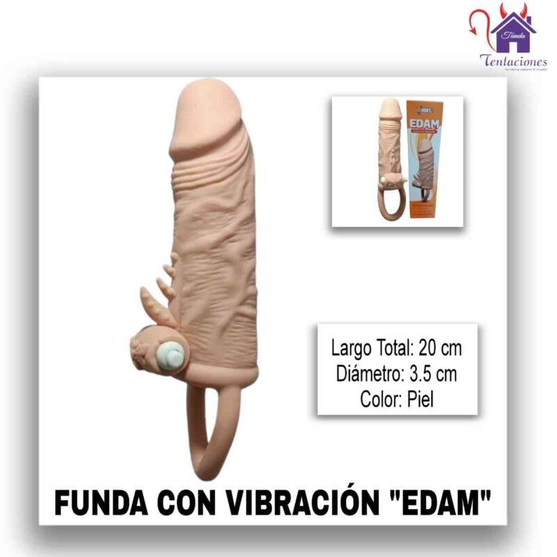 La imagen describe las Medidas de la funda o extensión de pene Edam