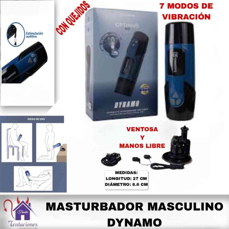 La imagen describe las Medidas y Accesorios del Masturbador Masculino Dynamo