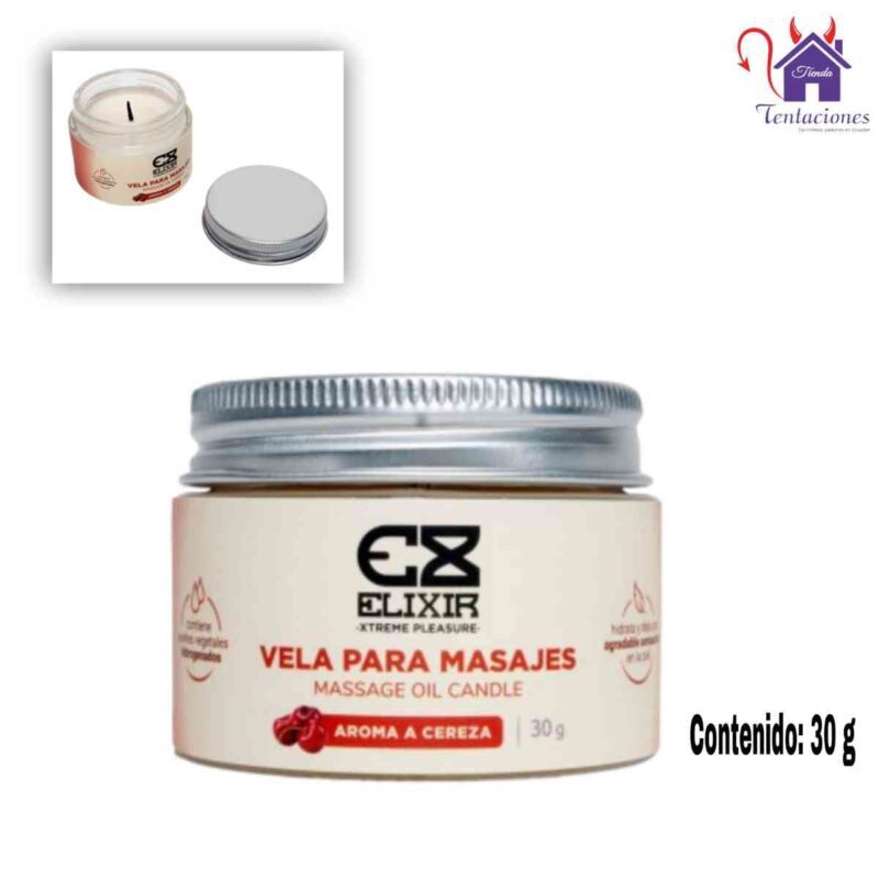 Esta imagen describe la Presentación de la Vela para Masajes Corporales Elixir