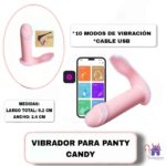 La imagen describe las Medidas y Forma de Uso del Vibrador para Panty Candy