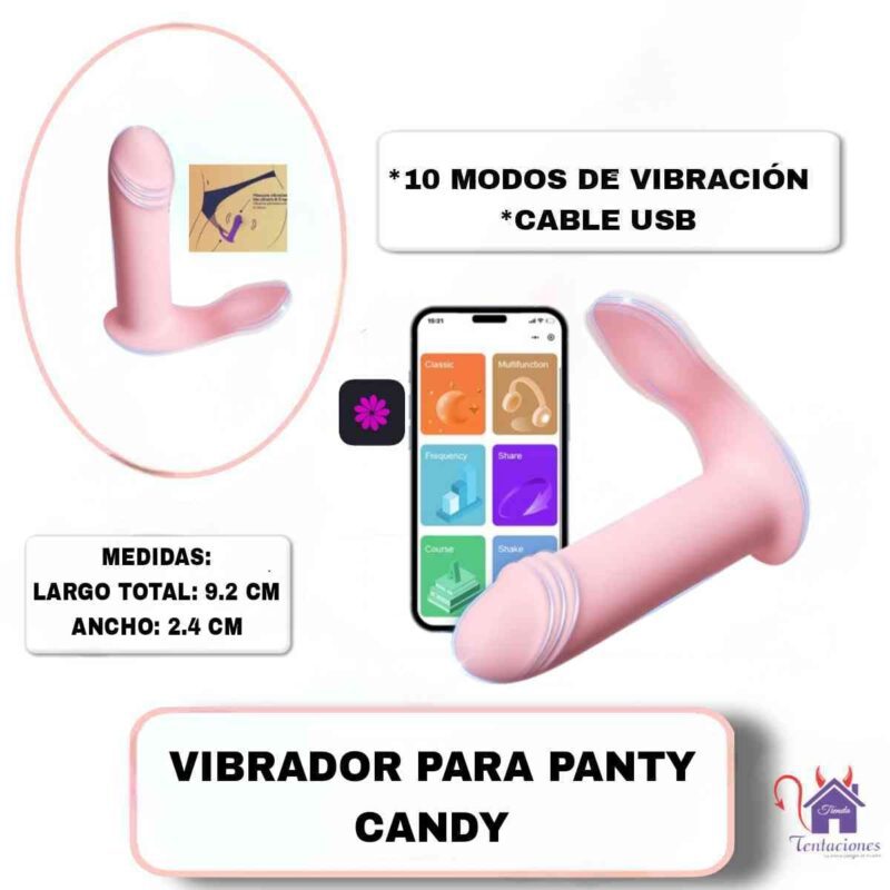 La imagen describe las Medidas y Forma de Uso del Vibrador para Panty Candy
