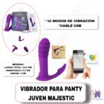 La imagen describe las Medidas y Forma de Uso del Vibrador para Panty Juven Majestic