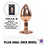 La imagen describe las Medidas y Características del Plug Anal Onix Mikel-Bronce de Corazón-Talla S