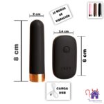 Esta imagen describe las Medidas y Modo de uso de la Bala Vibradora recargable con control remoto Sarohi