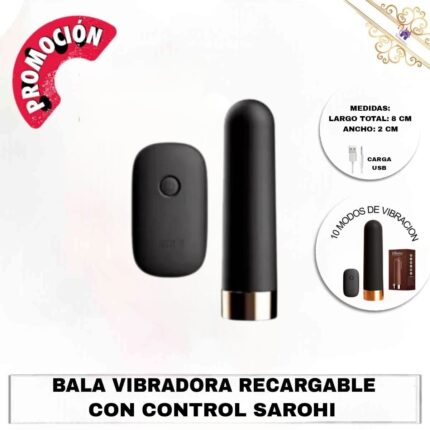 Esta imagen describe la presentación y características de la Bala Vibradora recargable con control remoto Sarohi