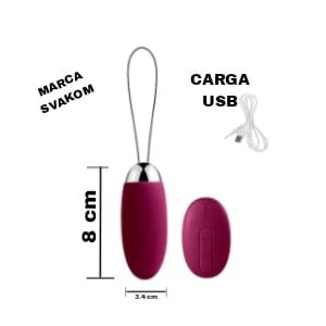 Esta imagen describe las Medidas y características del huevito vibrador con control remoto Elva Svakom