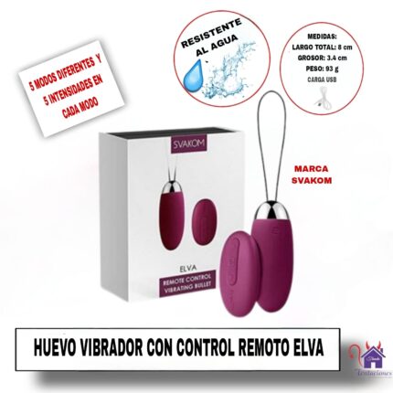 Esta imagen describe la presentación y características del huevo vibrador con control remoto Elva Svakom