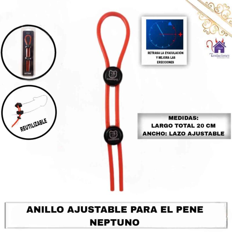 Esta imagen describe las Medidas y Forma de Uso del Anillo Ajustable para el pene Neptuno