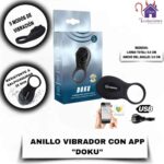 La imagen describe las Medidas y Características del Anillo Vibrador para el pene Doku