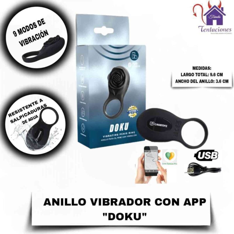 La imagen describe las Medidas y Características del Anillo Vibrador para el pene Doku