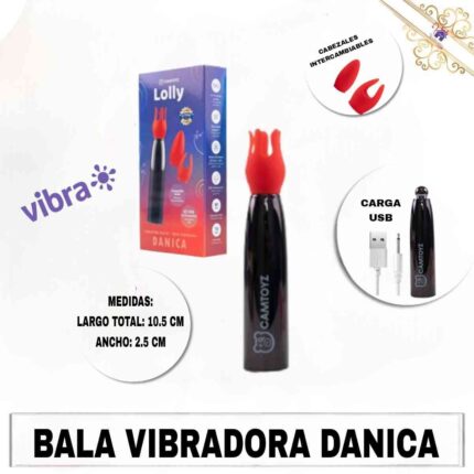 La imagen describe las Medidas y Características de la Bala Vibradora Danica