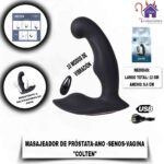 La imagen describe las Medidas y Forma de uso del masajeador estimulador prostatico colten