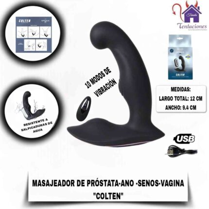 La imagen describe las Medidas y Forma de uso del masajeador estimulador prostatico colten