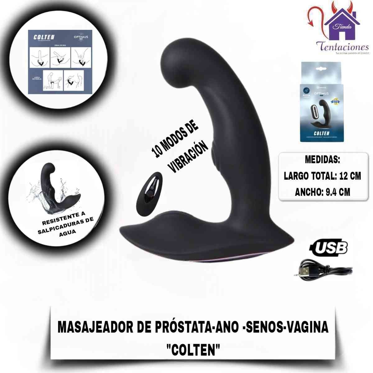 Masajeador Estimulador de Prostata-Ano-Vagina- Colten- Medidas y Forma de uso La imagen describe las Medidas y Forma de uso del masajeador estimulador prostatico colten