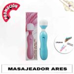 Esta imagen describe la presentación y forma de uso del Masajeador-Vibrador micrófono Ares