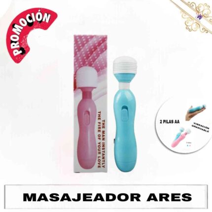 Esta imagen describe la presentación y forma de uso del Masajeador-Vibrador micrófono Ares