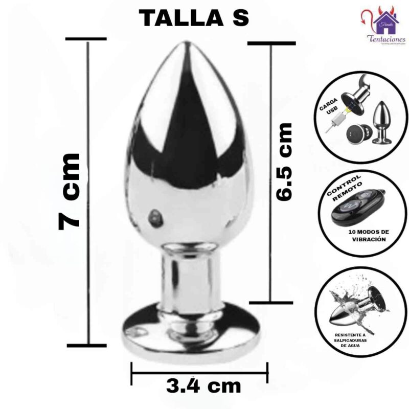 Esta imagen describe las Medidas y Características del Plug Anal Vibrador con Control Olimpo