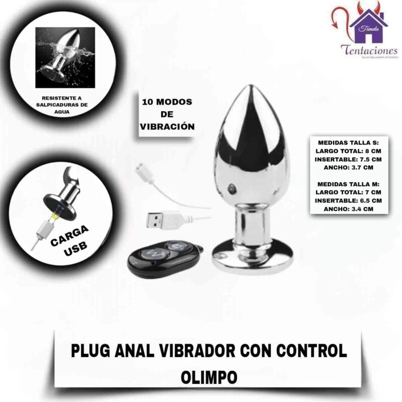 Esta imagen describe las Medidas y Forma de Uso del Plug Anal Vibrador con Control Olimpo