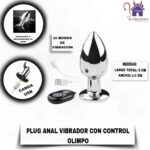 La imagen describe las Medidas y Forma de Uso del Plug Anal Vibrador con control remoto Olimpo
