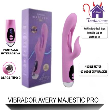 Esta imagen describe las Medidas y Características del Vibrador Avery Majestic Pro