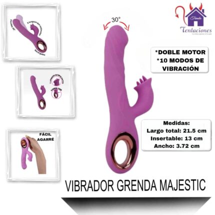 Esta imagen describe las Medidas y Características del Vibrador Grenda Majestic