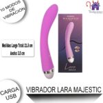 La imagen describe las Medidas y Características del Vibrador Lara Majestic