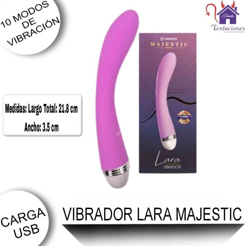La imagen describe las Medidas y Características del Vibrador Lara Majestic