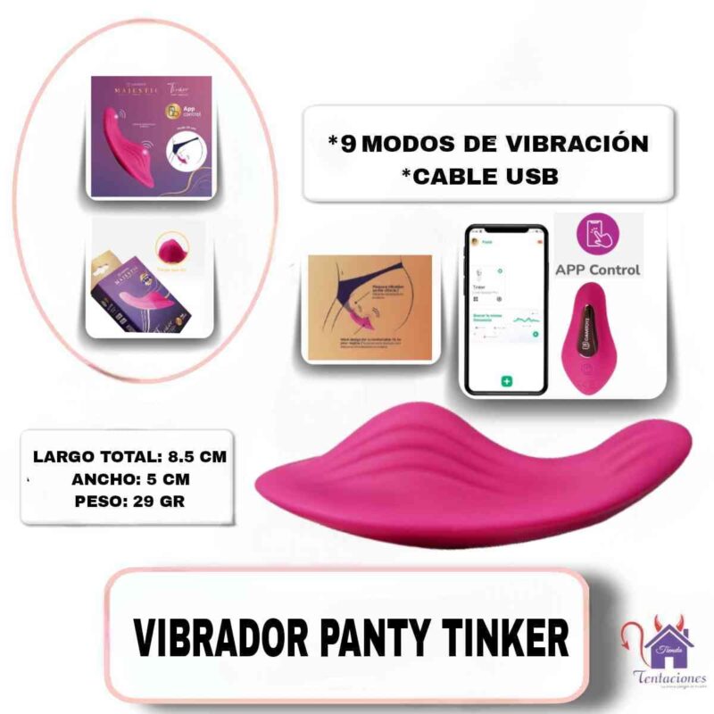 Esta imagen las Medidas y Características del Vibrador Panty Tinker Majestic