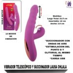Esta imagen describe las Medidas y Forma de Uso del Vibrador Telescópico y Succionador Lausa Ohlala