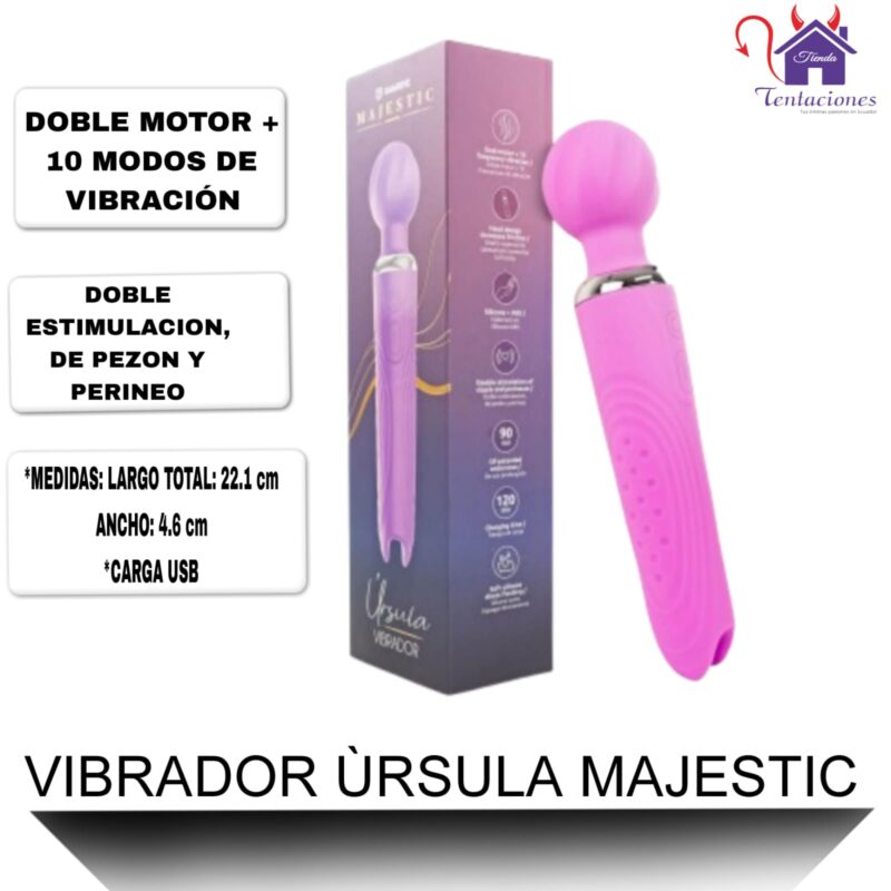 Esta imagen describe las Medidas y Características del Vibrador Ursula Majestic