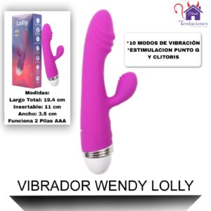 La imagen describe las Características y Medidas del Vibrador Wendy Lolly