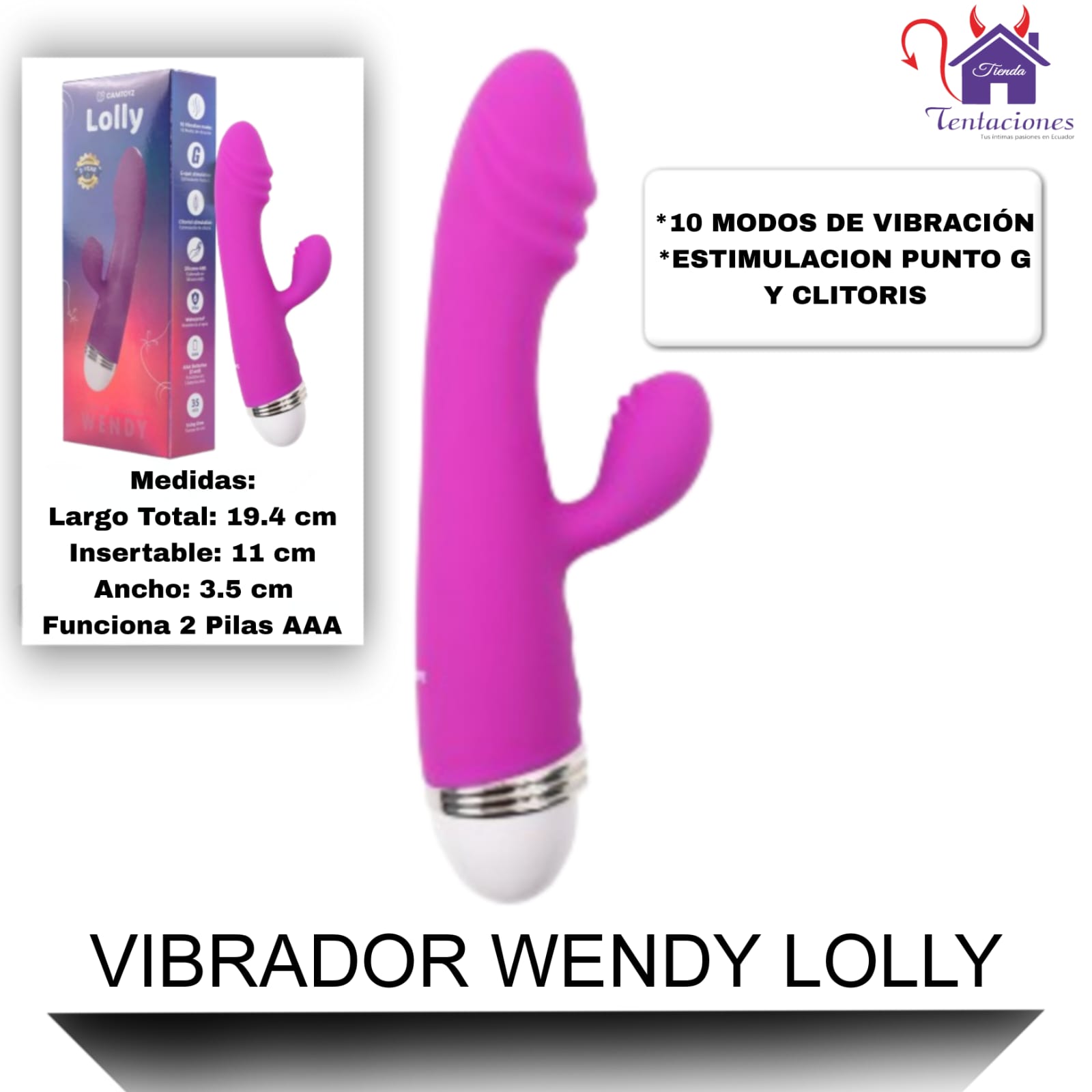 La imagen describe las Características y Medidas del Vibrador Wendy Lolly