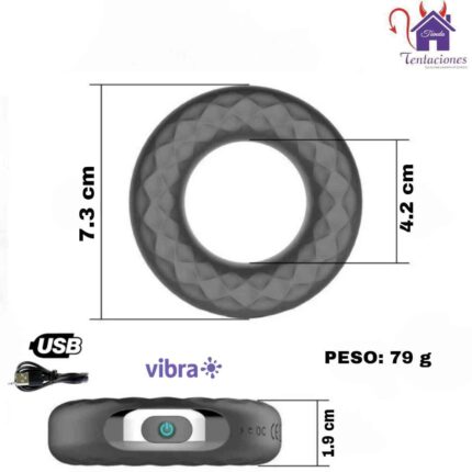 Esta imagen describe las Medidas y Características del Anillo Vibrador con control Ricky