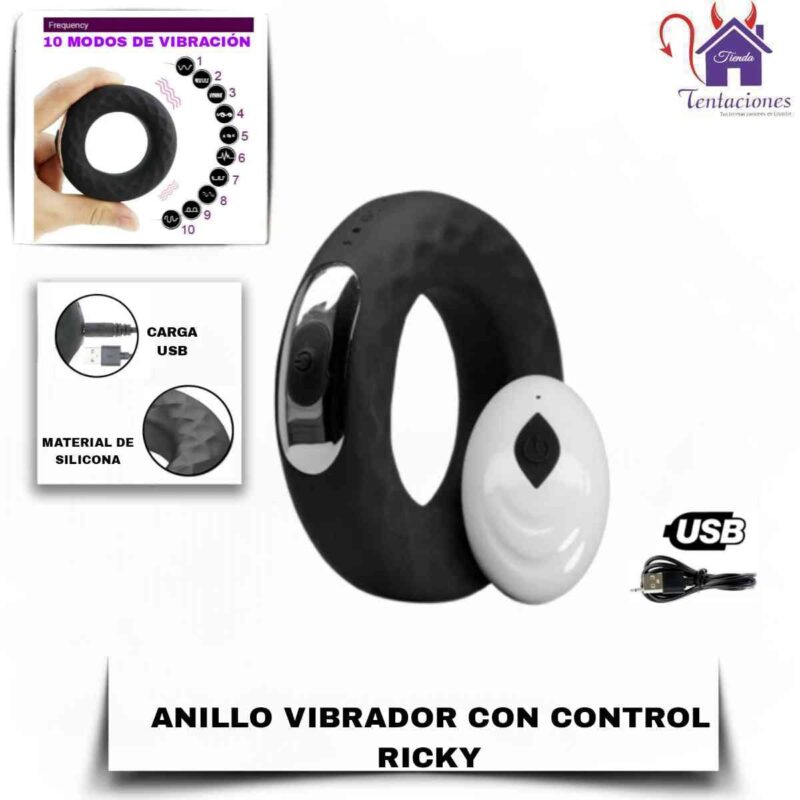 Esta imagen describe la Presentation y Forma de Uso del Anillo Vibrador con control Ricky