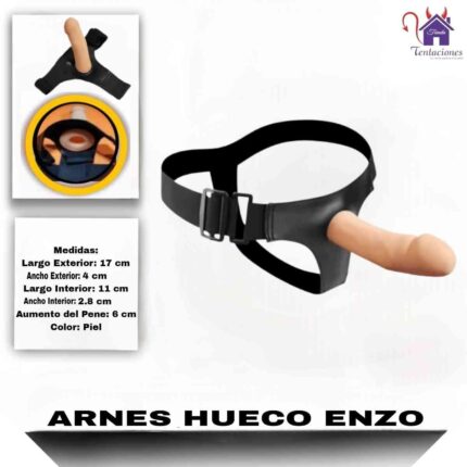 Esta imagen describe las Medidas y Características del Arnés Hueco Enzo