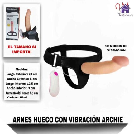 Esta imagen describe la Forma de Uso y Medidas del Arnés Hueco con Vibración Archie