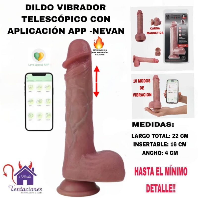 Esta imagen describe las Características y Forma de Uso del Dildo Vibrador Telescópico con aplicación app Nevan