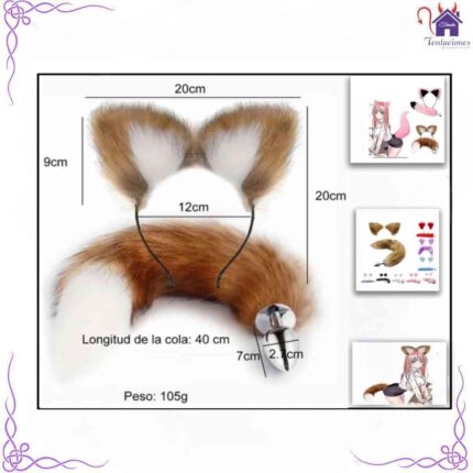 Esta imagen describe las Medidas y Características del plug anal cola de zorro con diadema
