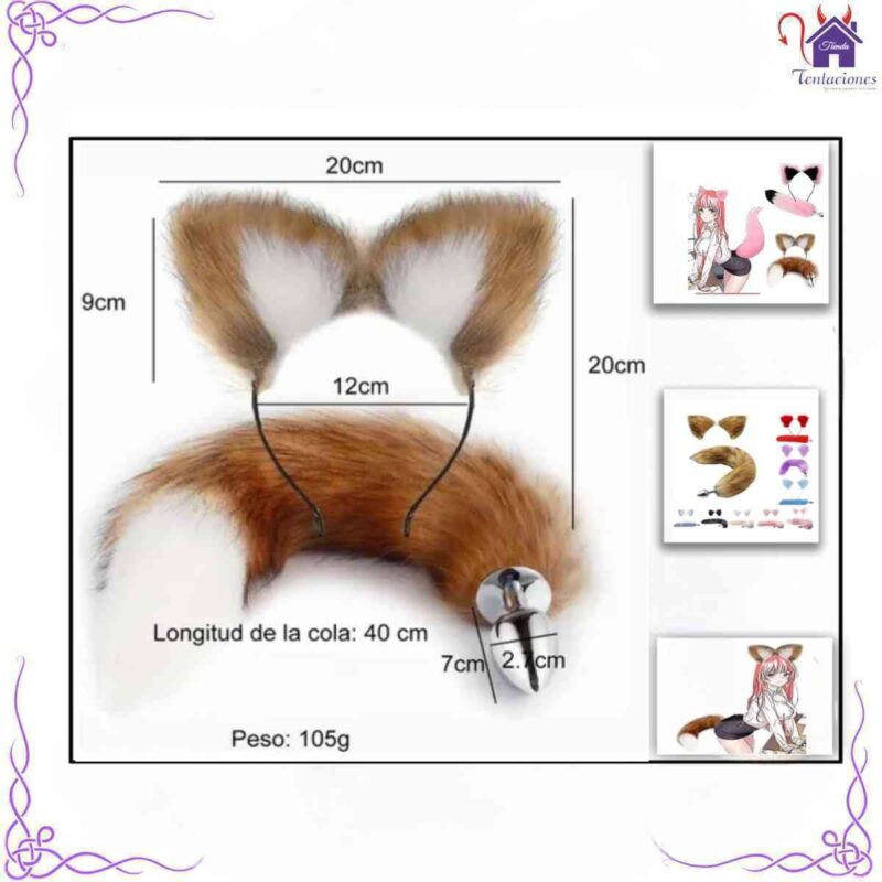 Esta imagen describe las Medidas y Características del plug anal cola de zorro con diadema